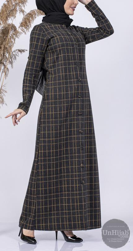 Abaya boutonnée à carreaux Jaunes